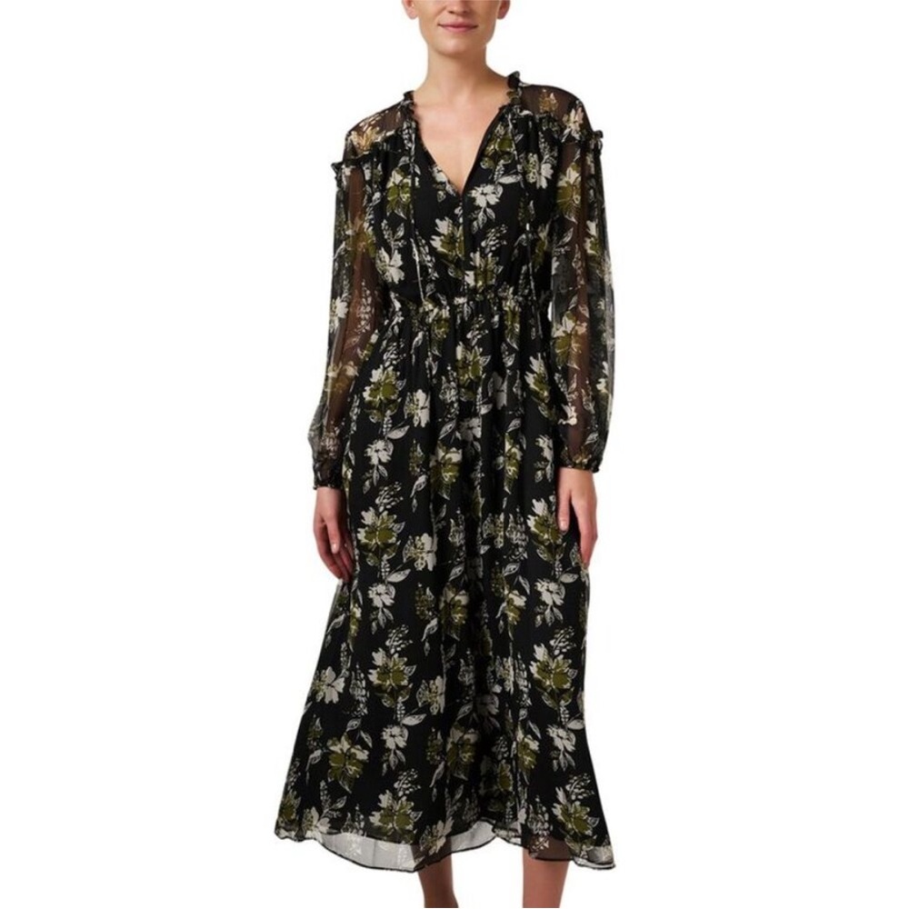 Shoshanna | Black Green Floral Womens Arya Midi Dress